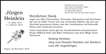 Traueranzeige von Jürgen Heinlein von Siegener Zeitung