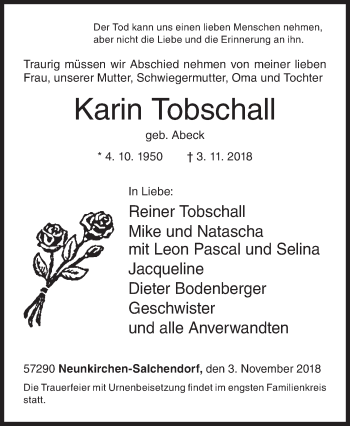 Traueranzeige von Karin Tobschall von Siegener Zeitung
