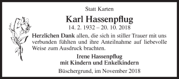 Traueranzeige von Karl Hassenpflug von Siegener Zeitung