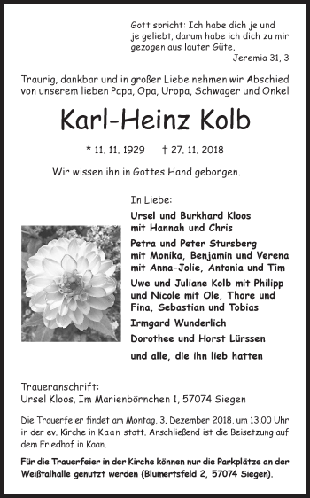 Traueranzeige von Karl-Heinz Kolb von Siegener Zeitung