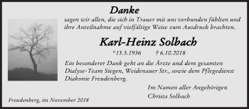Traueranzeige von Karl-Heinz Solbach von Siegener Zeitung