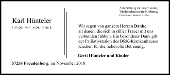 Traueranzeige von Karl Hünteler von Siegener Zeitung