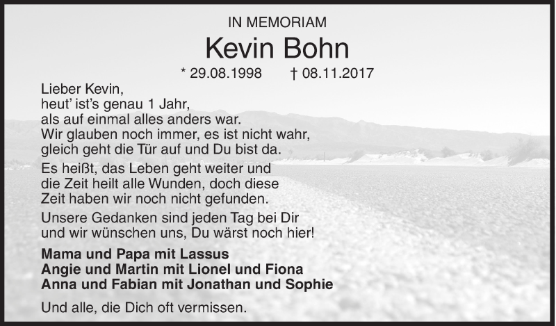  Traueranzeige für Kevin Bohn vom 08.11.2018 aus Siegener Zeitung