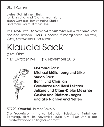 Traueranzeige von Klaudia Sack von Siegener Zeitung
