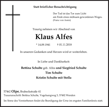 Traueranzeige von Klaus Alfes von Siegener Zeitung