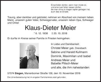 Traueranzeige von Klaus-Dieter Meier von Siegener Zeitung