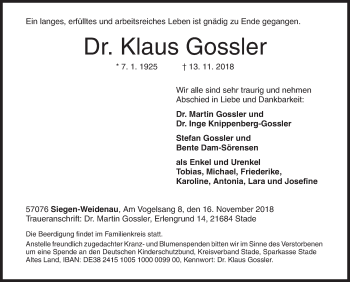 Traueranzeige von Klaus Gossler von Siegener Zeitung