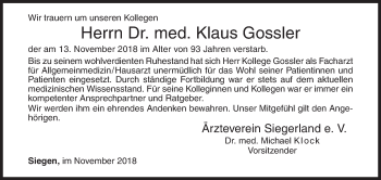 Traueranzeige von Klaus Gossler von Siegener Zeitung