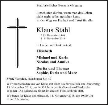 Traueranzeige von Klaus Stahl von Siegener Zeitung