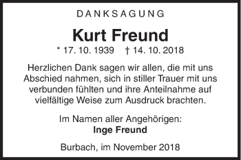 Traueranzeige von Kurt Freund von Siegener Zeitung
