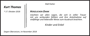 Traueranzeige von Kurt Thomas von Siegener Zeitung