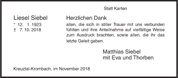 Traueranzeige von Liesel Siebel von Siegener Zeitung