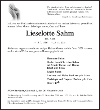 Traueranzeige von Lieselotte Sahm von Siegener Zeitung