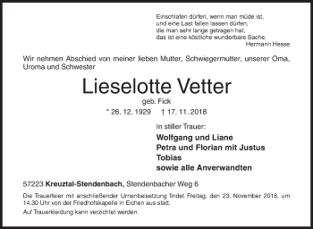 Traueranzeige von Lieselotte Vetter von Siegener Zeitung