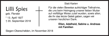 Traueranzeige von Lilli Spies von Siegener Zeitung
