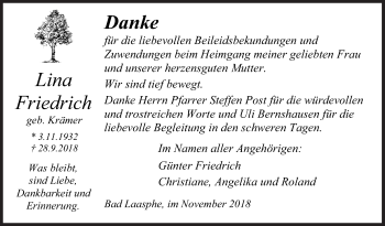 Traueranzeige von Lina Friedrich von Siegener Zeitung