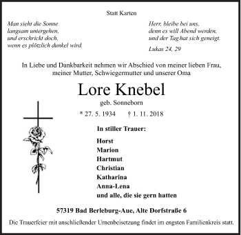 Traueranzeige von Lore Knebel von Siegener Zeitung