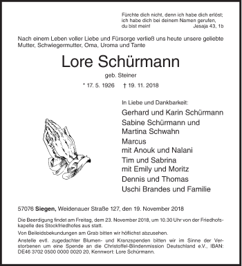 Traueranzeige von Lore Schürmann von Siegener Zeitung