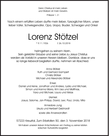 Traueranzeige von Lorenz Stötzel von Siegener Zeitung