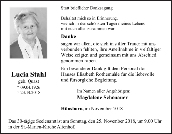 Traueranzeige von Lucia Stahl von Siegener Zeitung