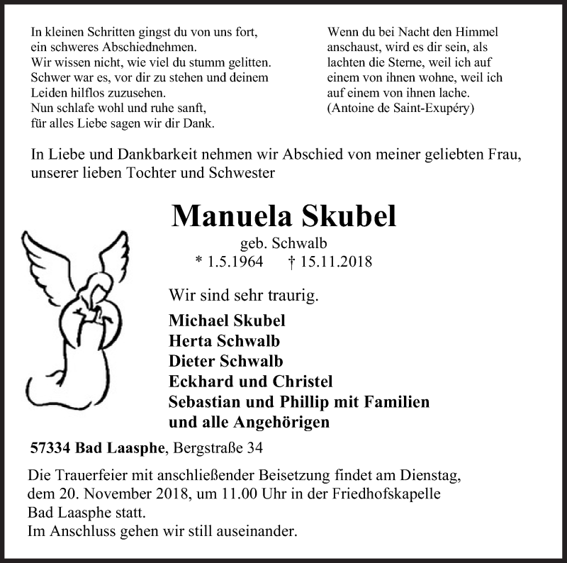  Traueranzeige für Manuela Skubel vom 17.11.2018 aus Siegener Zeitung