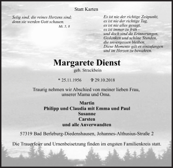 Traueranzeige von Margarete Dienst von Siegener Zeitung