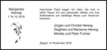 Traueranzeige von Margarete Herwig von Siegener Zeitung