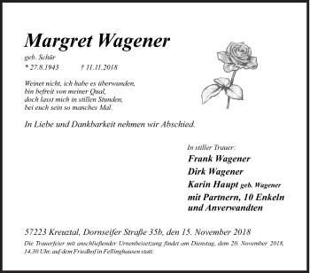 Traueranzeige von Margret Wagener von Siegener Zeitung