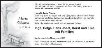 Traueranzeige von Maria Söhngen von Siegener Zeitung