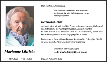 Traueranzeige von Marianne Lütticke von Siegener Zeitung
