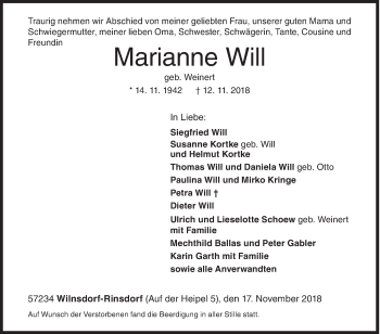 Traueranzeige von Marianne Will von Siegener Zeitung