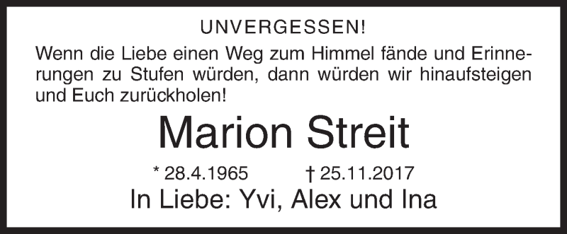  Traueranzeige für Marion Streit vom 24.11.2018 aus Siegener Zeitung