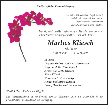 Traueranzeige von Marlies Kliesch von Siegener Zeitung