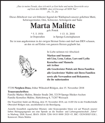 Traueranzeige von Marta Malitte von Siegener Zeitung