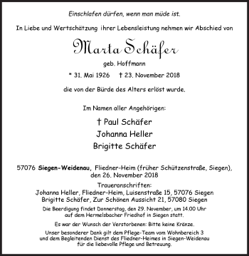 Traueranzeige von Marta Schäfer von Siegener Zeitung