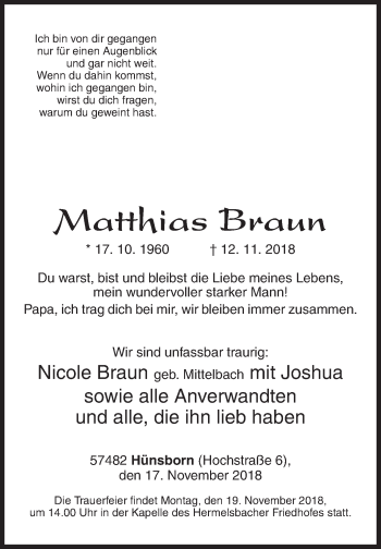 Traueranzeige von Matthias Braun von Siegener Zeitung
