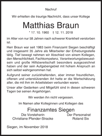 Traueranzeige von Matthias Braun von Siegener Zeitung