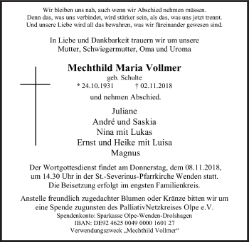 Traueranzeige von Mechthild Maria Vollmer von Siegener Zeitung