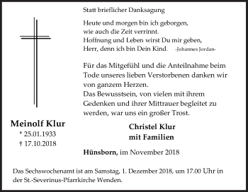 Traueranzeige von Meinolf Klur von Siegener Zeitung