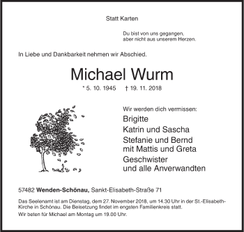 Traueranzeige von Michael Wurm von Siegener Zeitung