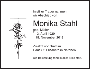 Traueranzeige von Monika Stahl von Siegener Zeitung
