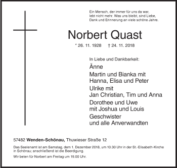 Traueranzeige von Norbert Quast von Siegener Zeitung