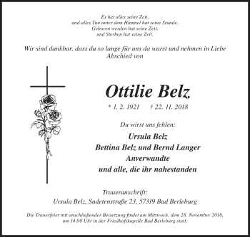 Traueranzeige von Ottilie Belz von Siegener Zeitung