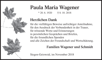 Traueranzeige von Paula Maria Wagener von Siegener Zeitung