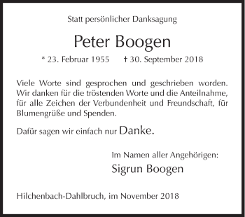 Traueranzeige von Peter Boogen von Siegener Zeitung