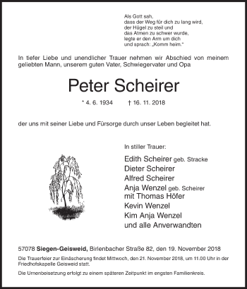 Traueranzeige von Peter Scheirer von Siegener Zeitung