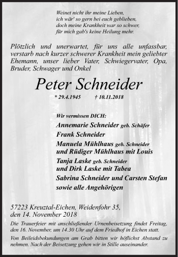 Traueranzeige von Peter Schneider von Siegener Zeitung