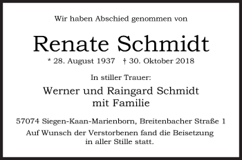 Traueranzeige von Renate Schmidt von Siegener Zeitung