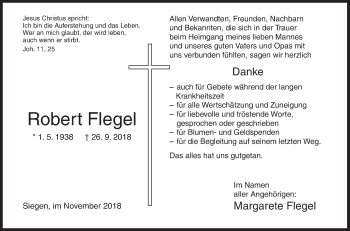 Traueranzeige von Robert Flegel von Siegener Zeitung