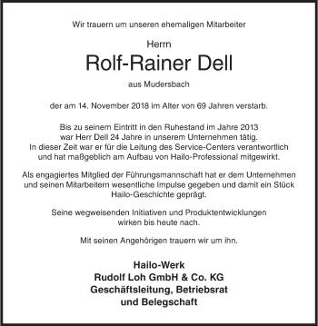 Traueranzeige von Rolf-Rainer Dell von Siegener Zeitung